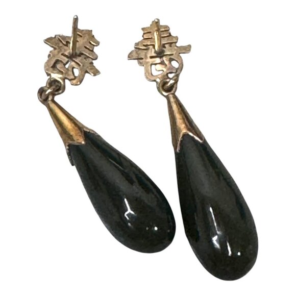 Vintage Chinese Green Jade Drop Dangle Earrings 14k Gold Longevity Long Life - Picture 5 of 6